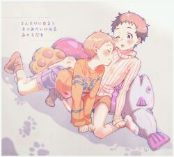  2boys 3ji all_fours bandaid bandaid_on_leg blush brown_hair child closed_eyes head_on_chest knit_sweater kodomo_doushi long_sleeves looking_at_another male_focus multiple_boys one_eye_closed open_mouth original paw_print paw_print_background pet_play pillow shirt short_hair shorts simple_background sitting smile socks stuffed_animal stuffed_toy sweatdrop 