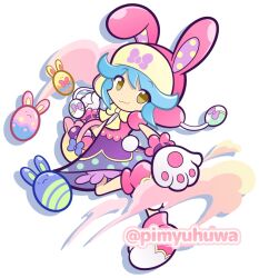  1girl animal_ear_headwear animal_hands basket bloomers blue_hair bow bowtie brown_eyes closed_mouth commentary_request dress easter easter_egg egg elbow_carry gloves hat hat_with_ears holding holding_basket leg_up looking_at_viewer looking_back multicolored_dress official_alternate_costume official_style paw_gloves pimyuhuwa pink_dress pink_shoes puffy_short_sleeves puffy_sleeves purple_dress puyopuyo puyopuyo_quest ruda_(giggly)_(puyopuyo) ruda_(puyopuyo) shoes short_hair short_sleeves simple_background smile solo twitter_username ushanka white_background white_bloomers yellow_bow yellow_bowtie 
