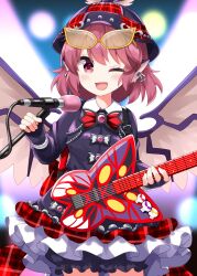  1girl :d ;d animal_ear_piercing animal_ears bird_ears bird_wings black_bloomers black_dress black_hat bloomers blush choujuu_gigaku commentary_request dress eyewear_on_head guitar hat highres holding holding_guitar holding_instrument holding_microphone_stand instrument long_sleeves looking_at_viewer medium_hair microphone_stand mystia_lorelei one_eye_closed pink_eyes pink_hair ruu_(tksymkw) smile solo touhou winged_hat wings yellow-framed_eyewear 