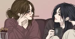  2girls black_eyes black_hair black_sweater brown_background brown_hair brown_sweater coffee_mug commentary_request couch cup eye_contact food food_in_mouth hair_bun holding holding_cup jewelry long_hair long_sleeves looking_at_another looking_to_the_side m-s-m-p mug multiple_girls on_couch original parted_lips pink_lips pocky pocky_in_mouth ring simple_background single_hair_bun sitting smile sweater turning_head wife_and_wife yuri 