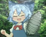 1girl :d animal blue_bow blue_hair blue_vest blurry blurry_background blush bow bowtie cirno clenched_hand closed_eyes collared_shirt commentary_request crossed_bangs dappled_sunlight fang flat_chest forest hair_between_eyes hair_bow holding holding_animal medium_bangs nature open_mouth pillbug puffy_short_sleeves puffy_sleeves red_bow red_bowtie shirt short_hair short_sleeves skin_fang smile solo sunlight tasuku_(tusktouhou4) touhou upper_body vest white_shirt 