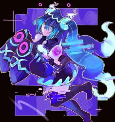  1girl 88junos aqua_hair artist_name bare_shoulders black_thighhighs detached_arm detached_legs detached_sleeves expressionless ghost ghost_girl ghost_miku_(project_voltage) ghost_type_theme_(pokemon) glitch glowing_neckwear gradient_hair grey_shirt hair_between_eyes hatsune_miku highres leg_up long_hair looking_at_viewer multicolored_hair necktie pale_skin pokemon project_voltage shirt skirt sleeves_past_fingers sleeves_past_wrists solo thigh-highs twintails very_long_hair vocaloid watermark white_necktie will-o'-the-wisp_(mythology) yellow_eyes 