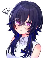  1girl bespectacled black_hair blue_streaks blush closed_mouth collared_shirt earrings glasses grey-framed_eyewear highres ichinose_uruha ichinose_uruha_(4th_costume) jewelry long_hair looking_at_viewer minchiii multicolored_hair round_eyewear shirt simple_background sleeveless sleeveless_shirt solo squiggle streaked_hair upper_body violet_eyes virtual_youtuber vspo! white_background white_shirt wolf_cut 