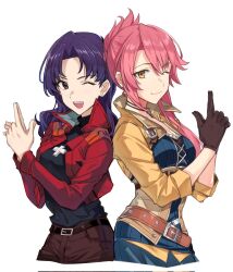  2girls :d ;d back-to-back belt black_gloves black_shirt blue_shirt blue_skirt blush breasts brown_belt brown_eyes brown_pants closed_mouth commentary commission cowboy_shot cropped_jacket cropped_legs cross cross_necklace crossover ear_piercing earrings eiyuu_densetsu english_commentary finger_gun gloves hair_between_eyes highres jacket jewelry katsuragi_misato leather leather_belt leather_gloves long_hair long_sleeves looking_at_viewer medium_breasts medium_hair multiple_girls necklace neon_genesis_evangelion one_eye_closed open_clothes open_jacket open_mouth orange_eyes own_hands_together pants parted_bangs piercing pink_hair purple_hair rararamax red_jacket ribbed_shirt sara_valestein second-party_source sen_no_kiseki_(series) sen_no_kiseki_iii shirt shirt_tucked_in simple_background skirt smile stud_earrings turtleneck underbust voice_actor_connection white_background yellow_jacket 