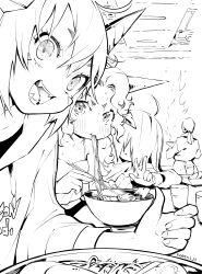  1other 2023 3girls :o absurdres ahoge artist_name blush camisole chopsticks clip_studio_paint_(medium) clothes_writing commentary dragon_girl dragon_horns drawstring eating eudetenis fangs food greyscale hair_between_eyes hair_over_eyes helles_(eudetenis) highres holding holding_chopsticks hood hood_down hoodie horns indoors kolsch_(eudetenis) lineart long_hair looking_at_viewer monochrome multiple_girls noodles open_mouth original print_hoodie ramen restaurant romaji_commentary selfie short_eyebrows smile table thick_eyebrows thumbs_up w wavy_hair weizen_(eudetenis) white_background 