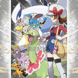  1girl absurdres ampharos antennae artist_name azumarill bag blue_overalls bow brown_eyes brown_hair closed_mouth colored_sclera commentary company_name copyright_notice english_commentary espeon eyelashes fangs forehead_jewel from_side girafarig handbag hat hat_bow highres holding holding_poke_ball long_sleeves lugia lyra_(pokemon) medium_hair meganium merchandise_available official_style open_mouth outline overall_shorts overalls poke_ball poke_ball_(basic) pokegear pokemon pokemon_(creature) pokemon_heartgold_and_soulsilver pokemon_team purple_sclera red_bow red_shirt shirt thigh-highs tom_higgins v-shaped_eyes watermark white_eyes white_hat white_outline white_thighhighs yellow_bag yellow_eyes 