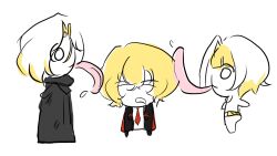  1boy 2girls absurdres blonde_hair chibi chibi_only commentary english_commentary highres kromer's_sister_(project_moon) kromer_(project_moon) licking limbus_company long_tongue multiple_girls netryl project_moon siblings sinclair_(project_moon) sisters tongue white_background white_hair 