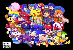  2girls 6+boys android angel angel_wings animal_crossing banana_peel bone_(stare) captain_falcon commentary_request crossover dog_girl f-zero facial_hair fire_emblem hedgehog_boy holding holding_water_gun inkling inkling_girl inkling_player_character isabelle_(animal_crossing) kid_icarus kirby kirby_(series) link mario marth_(fire_emblem) mega_man_(character) mega_man_(series) metal_gear_(series) metal_gear_solid metroid metroid_prime_3:_corruption mother_(series) multiple_boys multiple_girls mustache ness_(mother_2) olimar pac-man pac-man_(game) pikachu pikmin_(creature) pikmin_(series) piranha_plant pit_(kid_icarus) plant pokemon pokemon_(creature) ridley robot_boy shih_tzu solid_snake sonic_(series) sonic_the_hedgehog super_mario_bros. super_smash_bros. the_legend_of_zelda tripping water_gun wings yellow_pikmin 