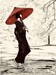  1girl black_hair black_kimono blunt_bangs blunt_ends bob_cut brown_theme falling_petals full_body highres holding holding_umbrella japanese_clothes kimono obi oil-paper_umbrella okobo original outdoors petals platform_sandals profile sandals sash short_hair solo spot_color standing tabi tp_p_pt traditional_media tree umbrella 
