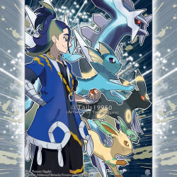  1boy absurdres adaman_(pokemon) aqua_hair artist_name bandaged_arm bandages black_sclera blue_hair blue_jacket brown_eyes brown_sclera closed_mouth colored_sclera commentary company_name copyright_notice dialga english_commentary fingernails from_side green_hair hand_in_pocket highres hisuian_poke_ball holding holding_poke_ball jacket leafeon male_focus medium_hair merchandise_available multicolored_hair official_style open_clothes open_jacket outline poke_ball pokemon pokemon_(creature) pokemon_legends:_arceus pokemon_team purple_sclera red_eyes smile split_mouth standing tom_higgins topknot umbreon vaporeon watermark white_eyes white_outline 