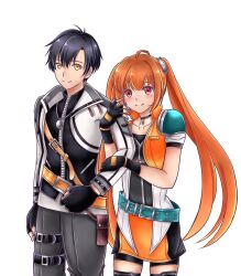  1boy 1girl ahoge arm_hug belt belt_pouch bike_shorts black_bike_shorts black_gloves black_hair black_shorts blue_belt brown_belt brown_hair buckle closed_mouth commentary_request cowboy_shot double-parted_bangs eiyuu_densetsu estelle_bright fingerless_gloves floating_hair gloves grey_pants hair_between_eyes hairband hetero high_collar highres jacket jewelry joshua_bright koi_kaoru leather_belt light_blush locket long_hair looking_at_viewer metal_hairband multiple_thigh_straps necklace open_clothes open_jacket orange_jacket pants parted_bangs pendant pouch red_eyes sen_no_kiseki_(series) sen_no_kiseki_iv short_hair shorts simple_background smile thigh_strap twintails very_long_hair white_background white_jacket yellow_eyes 