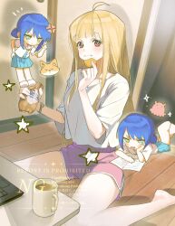  2girls anger_vein blonde_hair blue_hair blue_skirt brown_eyes cho_kaguya-hime! commentary_request cookie eating food food_on_face green_eyes highres kaguya_(cho_kaguya-hime!) long_hair looking_at_viewer mini_person multiple_girls niwatori_inc pink_shorts pleated_skirt sailor_collar sakayori_iroha sakayori_iroha_(tsukuyomi) school_uniform serafuku shirt short_sleeves shorts sidelocks sitting skirt wariza white_sailor_collar white_shirt 