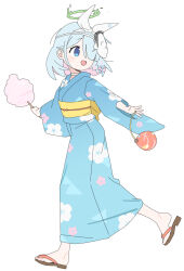  1girl :d absurdres ame_miya_ta arona_(blue_archive) blue_archive blue_eyes blue_hair blue_kimono blush bow bow_hairband braid choker colored_inner_hair commentary_request cotton_candy doodle_sensei_(blue_archive) feet floral_print floral_print_kimono from_side full_body green_halo hair_over_one_eye hairband halo highres japanese_clothes kimono long_sleeves looking_back mask medium_hair multicolored_hair obi open_mouth parted_bangs pink_hair print_kimono sandals sash sensei_(blue_archive) sidelocks simple_background single_braid smile solo turning_head walking white_background white_bow white_choker white_hairband wide_sleeves 