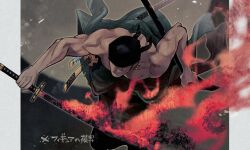  1boy bandana black_bandana closed_mouth commentary_request earrings fighting_stance fire gold_earrings green_pants holding holding_sheath holding_sword holding_weapon jewelry katana kiyoshita male_focus multiple_earrings multiple_swords one_piece pants roronoa_zoro scar scar_across_eye scar_on_chest scar_on_face sheath sheathed solo sword topless_male weapon 