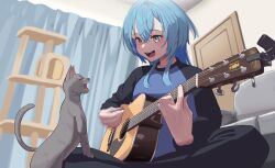  1girl aogiri_koukou black_pants black_shirt blue_hair casual cat commentary double-parted_bangs guitar harusame_urame heterochromia highres holding holding_guitar holding_instrument indian_style indoors instrument jellyfish_cut living_room looking_at_animal medium_hair motion_blur open_mouth pants playing_guitar playing_instrument raglan_sleeves red_eyes shirt sidelocks sitting smile solo taachika virtual_youtuber yellow_eyes 