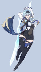  1girl absurdres arms_up black_hairband blue_cape blue_hair boots breasts cape chest_harness eula_(genshin_impact) genshin_impact grey_background hairband harness high-waist_shorts highres holding holding_behind_back holding_sword holding_sword_behind_back holding_weapon holding_weapon_behind_back kazuki_(rx78cv01) large_breasts looking_to_the_side medium_hair shorts side_cape simple_background solo sword thigh_boots violet_eyes vision_(genshin_impact) weapon 