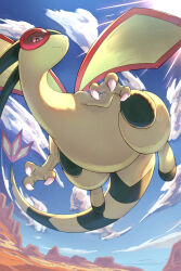  blue_sky claws closed_mouth clouds commentary_request dragon flygon flying highres no_humans outdoors pokemon pokemon_(creature) pokemon_focus red_eyes rumine_(yoshi1234567) sky wings 