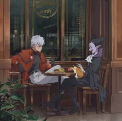  >:( 3boys armadillo ascot belt black_belt black_boots black_cloak black_gloves black_hair black_pants black_shoes blue_eyes blush boots cafe capelet chair cityscape cloak colored_eyelashes commentary_request copyright_name crossed_legs cup doughnut draluc_(kyuuketsuki_sugu_shinu) english_text fang food from_side full_body gloves grin highres holding holding_cup indoors jacket john_(kyuuketsuki_sugu_shinu) juice kyuuketsuki_sugu_shinu male_focus mirrored_text multiple_boys mystical_high_collar night orange_juice pants plant pointy_ears profile purple_cloak red_capelet red_jacket ronaldo_(kyuuketsuki_sugu_shinu) shoes short_hair sitting smile table v-shaped_eyebrows vampire very_short_hair whit0w white_ascot white_eyelashes white_gloves white_hair white_pants wooden_chair 