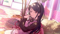  1girl belt bench black_hair black_hairband black_nails black_shirt colorful_palette dress egg fingernails food game_asset grey_belt grey_eyes hairband heart highres holding holding_food hoshino_ichika_(project_sekai) long_hair looking_at_viewer nail_polish official_alternate_costume official_art pink_dress project_sekai shirt side_by_side_our_ways!_(project_sekai) sitting solo third-party_source yakisobapan 
