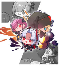  absurdres arm_up black_boots black_cape black_leotard black_skirt blonde_hair blue_eyes blunt_bangs blush boots breasts broken_helmet cape chibi chocolate commentary drake_(great_villain)_(nikke) drake_(nikke) elbow_gloves fang gloves goddess_of_victory:_nikke grave_(nikke) hair_over_one_eye halterneck hand_on_own_face hand_on_own_hip helmet highres hood horns jitome large_breasts leotard looking_at_mirror mechanical_horns midriff mirror multicolored_cape navel only_one_(nikke) pink_hair red_cape red_eyes rgirls short_hair sideboob sidelocks sigh single_horn skirt smile star_(symbol) uz_(uzru0428) white_hair ziz_(nikke) 