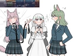  3girls animal_ears bang_dream! bang_dream!_our_notes blush collar commentary_request dog_ears dog_tail game_screenshot_inset green_hair hand_on_own_cheek hand_on_own_face hand_on_own_hip heart highres holding holding_collar holding_leash izawa_natsume izumi_houka kemonomimi_mode korean_commentary korean_text leash long_hair long_sleeves medium_hair multiple_girls otaku5252 pink_hair screenshot_inset shiomi_hotaru simple_background smile sparkle tail translation_request violet_eyes white_background white_hair 