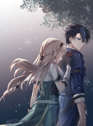  1boy 1girl artist_name asymmetrical_bangs black_gloves black_hair blue_coat blue_dress blue_streaks braid brown_hair closed_mouth clothes_lift coat commentary_request cowboy_shot dated dress dress_lift earrings eiyuu_densetsu elaine_auclair floating_hair from_behind gloves hair_between_eyes half_up_half_down_braid hand_on_another's_back hetero highres jewelry kuro_no_kiseki_(series) kuro_no_kiseki_i leaf long_hair long_sidelocks long_sleeves multicolored_hair outdoors parted_bangs short_hair short_sleeves sidelocks single_braid solo streaked_hair turning_head two-tone_hair van_arkride willfin 