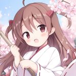  1girl :d ahoge blue_sky blush bow branch brown_eyes brown_hair commentary_request copyright_request day flower hair_between_eyes hair_bow holding izuminanase japanese_clothes long_hair long_sleeves looking_at_viewer miko official_art outdoors pink_flower red_bow ribbon-trimmed_sleeves ribbon_trim sky smile solo two_side_up upper_body very_long_hair wide_sleeves 