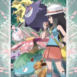 ._. 1girl absurdres aqua_eyes artist_name bag blue_shirt blue_socks bright_pupils brown_eyes brown_hair closed_mouth commentary company_name copyright_notice ditto eevee english_commentary eyelashes fang flower from_side gengar grin handbag hat highres holding holding_poke_ball leaf leaf_(pokemon) long_hair loose_socks merchandise_available ninetales official_style open_mouth outline pink_flower poke_ball poke_ball_(basic) pokemon pokemon_(creature) pokemon_firered_and_leafgreen pokemon_team red_eyes red_skirt shirt skirt sleeveless sleeveless_shirt smile socks standing teeth tom_higgins venusaur vs_seeker watermark white_hat white_outline white_pupils wigglytuff yellow_bag 