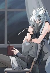  2girls absurdres animal_ears arknights arms_around_neck black_hair black_nails black_shirt black_tank_top blue_eyes coffee_mug cup drinking_straw drinking_straw_in_mouth grey_hair grey_shirt hair_ornament hairclip highres holding holding_cup hug hug_from_behind indoors l4m_3139 lappland_(arknights) layered_sleeves long_hair long_sleeves mug multiple_girls night scar scar_across_eye scar_on_face shirt short_over_long_sleeves short_sleeves tail tank_top texas_(arknights) window wolf_ears wolf_girl wolf_tail yuri 