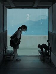  1girl absurdres animal bag billsuu black_cat bowing cat chair commentary from_side full_body highres original pleated_skirt ponytail rain school_uniform shirt shoulder_bag skirt solo standing white_shirt 