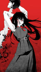  1girl absurdres alternate_breast_size_(larger) belt black_hair blood blood_splatter breasts chainsaw_man commentary_request cross_scar dress duan_ssa greyscale_with_colored_background highres holding holding_sword holding_weapon long_sidelocks long_sleeves neck_ribbon pinafore_dress red_background red_eyes ribbon ringed_eyes scar scar_on_cheek scar_on_face scar_on_nose sidelocks skirt sleeveless sleeveless_dress suspender_skirt suspenders sword unconventional_weapon weapon yoru_(chainsaw_man) 