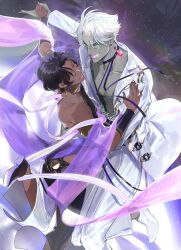 2boys absurdres arjuna_(celebratory_attire)_(fate) arjuna_(fate) armlet bell-bottoms black_choker black_hair black_nails black_pants black_shirt black_shoes choker closed_eyes colored_mouth colored_skin commentary_request curtained_hair dancing dark-skinned_male dark_skin earrings facial_mark fate/grand_order fate_(series) father_and_child father_and_son gold_armlet gold_earrings green_shirt grey_hair grey_skin halterneck hand_on_another's_back hand_on_another's_shoulder highres holding_hands indra_(celebratory_attire)_(fate) indra_(fate) jacket jewelry leg_up lightning_bolt_facial_mark lightning_bolt_symbol long_sleeves male_focus multiple_boys nail_polish neck_ring open_clothes open_jacket open_mouth open_shirt outstretched_arm pants parent_and_child parted_bangs purple_shawl see-through_clothes see-through_shawl shawl shirt shoes short_hair sleeveless sleeveless_shirt smile teeth two-tone_pants white_jacket white_pants white_shoes yurumawari 