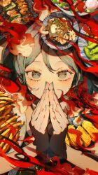  1girl character_request check_character commentary_request food french_fries green_eyes green_hair highres looking_at_viewer nail_polish original own_hands_together portrait skewer solo sushi yuyufufu 