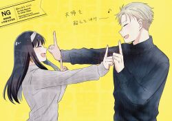  1boy 1girl black_hair black_sweater blonde_hair closed_eyes commentary_request dancing earrings eighth_note facing_another from_side gold_earrings grey_sweater highres index_finger_raised jewelry long_hair long_sleeves moduk2222 musical_note open_mouth short_hair smile spy_x_family sweater translation_request twilight_(spy_x_family) upper_body watermark yellow_background yor_briar 