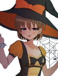  1girl :3 :d akasaka_miyuki alternate_costume black_bow black_dress black_hat blush bow breasts brown_hair commentary_request dress dress_bow furrowed_brow hair_between_eyes half-closed_eyes half_updo halloween_costume hat hat_bow highres higurashi_no_naku_koro_ni higurashi_no_naku_koro_ni_mei open_mouth orange_bow orange_dress puffy_short_sleeves puffy_sleeves short_hair short_sleeves silk small_breasts smile smug solo spider_web two-tone_dress upper_body violet_eyes w_arms witch witch_hat yuno_ff 
