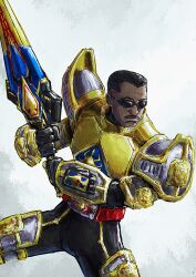  1boy adi_(adivider) armor black_bodysuit black_facial_hair black_hair blade_(marvel) blade_(series) blay_buckle bodysuit closed_mouth commentary cosplay cowboy_shot crew_cut cuirass cuisses dark-skinned_male dark_skin dutch_angle english_commentary facial_hair gold_armor greatsword highres holding holding_sword holding_weapon kamen_rider kamen_rider_blade kamen_rider_blade_(cosplay) kamen_rider_blade_(king_form) kamen_rider_blade_(series) king_rouzer male_focus marvel mustache name_connection pauldrons plate_armor rerebrace rider_belt rouse_absorber short_hair shoulder_armor simple_background solo sunglasses sword tokusatsu two-handed_sword vambraces watercolor_effect weapon white_background 