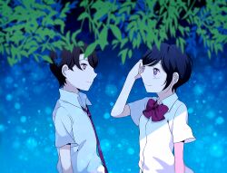  1boy 1girl adjusting_hair aldnoah.zero amifumi_inko black_hair blush bow bowtie brown_hair collared_shirt cosmosbird_az hetero kaizuka_inaho looking_at_another necktie night one-hour_drawing_challenge outdoors red_bow red_bowtie red_eyes red_necktie school_uniform shade shirt short_hair smile tree violet_eyes white_shirt 
