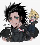  2boys black_gloves black_hair black_shirt blonde_hair blush candy chibi chibi_inset cloud_strife commentary_request ear_piercing final_fantasy final_fantasy_vii food gloves green_eyes holding holding_candy holding_food male_focus mtr_dayoo multiple_boys piercing scar scar_on_face shirt smile spiky_hair tongue tongue_out translation_request zack_fair 