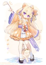  1girl :o absurdres animal animal_ears black_sandals blonde_hair blush cat cat_ears cat_girl commentary_request commission double-parted_bangs dress duster frilled_sleeves frills full_body hair_between_eyes hair_intakes highres holding holding_duster long_hair long_sleeves looking_at_viewer notice_lines okobo open_mouth orange_dress original platform_sandals purple_sash sandals sash shishiodoshi skeb_commission socks solo standing tabi violet_eyes white_socks wide_sleeves 