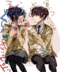  1boy 1girl :t aldnoah.zero amifumi_inko black_hair black_pantyhose bow brown_eyes brown_hair chewing commentary_request cream cream_on_face crepe eating embarrassed food food_on_face full-body_blush grey_skirt hetero holding holding_crepe holding_food kaizuka_inaho looking_at_another necktie offering_food pantyhose red_necktie school_uniform shokupa_(skp300) short_hair skirt squeezing sweat sweater_under_jacket 