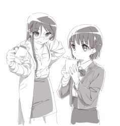  2girls blazer boro_(tn-boro) bow bowtie commentary_request cup glasses highres himekawa_koyuki holding holding_cup jacket lab_coat long_hair mahou_shoujo_ikusei_keikaku mahou_shoujo_ikusei_keikaku_jokers mariko_fukuroi monochrome multiple_girls pencil_skirt school_uniform shirt short_hair skirt white_background white_shirt 
