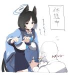  1boy 1girl animal_ears arona&#039;s_sensei_doodle_(blue_archive) black_eyes black_hair black_sailor_collar black_skirt blue_archive blue_neckerchief cat&#039;s_cradle cat_ears cat_tail flying_sweatdrops haori highres japanese_clothes kikyou_(blue_archive) long_sleeves maton_3110 multiple_tails neckerchief pleated_skirt sailor_collar sensei_(blue_archive) short_hair simple_background skirt tail teaching translation_request two_tails white_background 