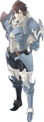  1boy armor arms_behind_back blue_armor brown_eyes brown_hair collared_shirt fire_emblem fire_emblem_awakening frederick_(fire_emblem) from_above full_body highres kozaki_yuusuke leg_armor mature_male official_art serious shirt short_hair solo transparent_background undershirt white_shirt 
