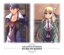  1boy 1girl agnes_claudel aramis_high_school_uniform blonde_hair blue_coat blue_eyes braid braided_base bun_with_braided_base coat commentary_request dog_tags eiyuu_densetsu green_jacket grid_skirt hair_bun hair_slicked_back jacket kuro_no_kiseki_(series) kuro_no_kiseki_i long_hair mullet multicolored_hair necktie plaid_clothes plaid_necktie satsuki_(chaosmode) school_uniform simple_background single_side_bun two-tone_hair van_arkride 