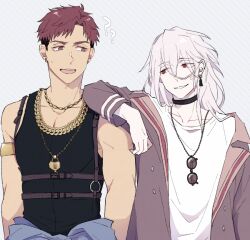  2boys armlet asuto_(rooftop) black_collar black_shirt blue_pants brown_hair brown_jacket chain chain_necklace chest_harness collar collarbone commentary_request earrings eyewear_hang gaho_zen gold_armlet gold_necklace harness jacket jewelry kaida_shion long_hair long_sleeves male_focus multiple_boys multiple_necklaces necklace pants paradox_live shirt short_hair single_earring sleeveless sleeveless_shirt undercut unworn_eyewear very_short_hair white_background white_hair white_shirt 