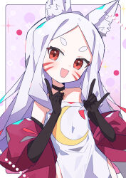  1girl abstract_background animal_ear_fluff animal_ears aramedraw black_choker black_gloves border brown_eyes choker circle commentary_request crescent_print diamond_(shape) dotted_line double_fox_shadow_puppet dress elbow_gloves facial_mark fang flat_chest fox_ears fox_girl fox_shadow_puppet gem gloves grid_background highres jewelry long_hair looking_at_viewer open_mouth outside_border pelvic_curtain pendant pendant_choker print_dress red_gem red_shawl sewayaki_kitsune_no_senko-san shawl shiro_(sewayaki_kitsune_no_senko-san) short_eyebrows side_slit skin_fang solo strapless strapless_dress thick_eyebrows upper_body whisker_markings white_dress white_hair 