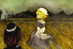  2girls black_hat blonde_hair blue_eyes bow brown_hair building dress facing_away hat looking_at_viewer looking_back maribel_hearn michi_l_(streetlamp) mob_cap multiple_girls one_eye_closed outdoors purple_dress scenery sky smile touhou usami_renko waist_bow wheat_field yellow_sky 