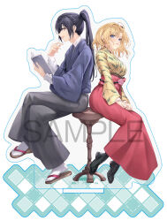  1boy 1girl artist_name black_hakama book brown_eyes commentary_request danshi_kinsei_game_sekai_de_ore_ga_yarubeki_yuiitsu_no_koto_yuri_no_ma_ni_hasamaru_otoko_to_shite_tensei_shite_shimaimashita flower hair_ribbon haishiki hakama high_ponytail holding holding_book japanese_clothes kimono long_hair medium_hair ponytail print_kimono red_hakama red_ribbon ribbon rosalie_von_margeline sample_watermark simple_background sitting smile watermark wide_sleeves 