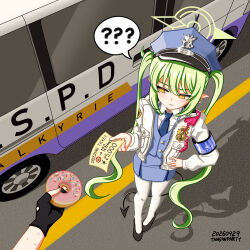  1girl 1other ? ?? absurdres artist_name black_gloves black_shoes blue_archive blue_hat blue_necktie blue_skirt blue_vest bribery car collared_shirt commentary_request cosplay dated demon_girl demon_tail doughnut food from_above fubuki_(blue_archive) fubuki_(blue_archive)_(cosplay) gloves green_hair green_halo halo hand_on_own_hip hat highres holding holding_food jacket korean_commentary long_hair miniskirt motor_vehicle necktie nozomi_(blue_archive) open_clothes open_jacket pantyhose peaked_cap pleated_skirt pointy_ears police police_badge police_car police_hat police_uniform policewoman pov pov_hands shirt shoes skirt spoken_question_mark tail tansanparty twintails very_long_hair vest walkie-talkie white_jacket white_pantyhose white_shirt yellow_eyes 
