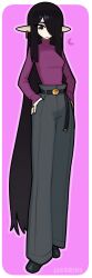  1girl absurdres belt black_belt black_eyes black_hair black_shoes breasts character_name commentary earrings english_commentary frown full_body grey_pants hair_over_one_eye hands_on_own_hips highres jewelry justadrian_(yoadriandk) licorice_(justadrian) long_hair long_legs long_pointy_ears long_sleeves medium_breasts one_eye_covered outline pants pointy_ears purple_background purple_outline purple_shirt ring shirt shoes simple_background sleeves_past_wrists solo standing straight_hair turtleneck turtleneck_shirt very_long_hair 
